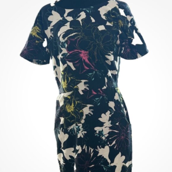 French Connection Floral Neon Midi Dress SZ6 Bodycon Short Sleeve Zip Back Chic - Picture 4 of 9